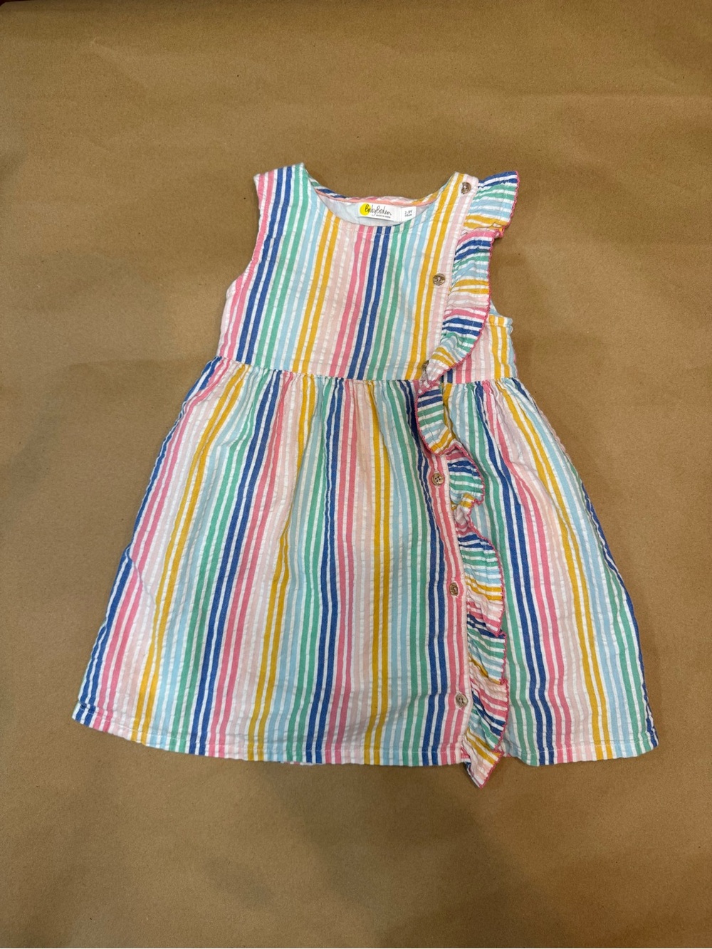 Mini Boden Rainbow Stripe Ruffle Dress - Pink, Yellow, Blue, Green